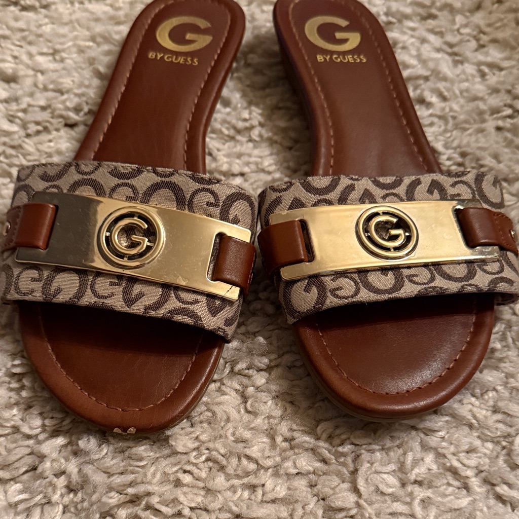 Guess Tan And Gold Logo Slide Sandals